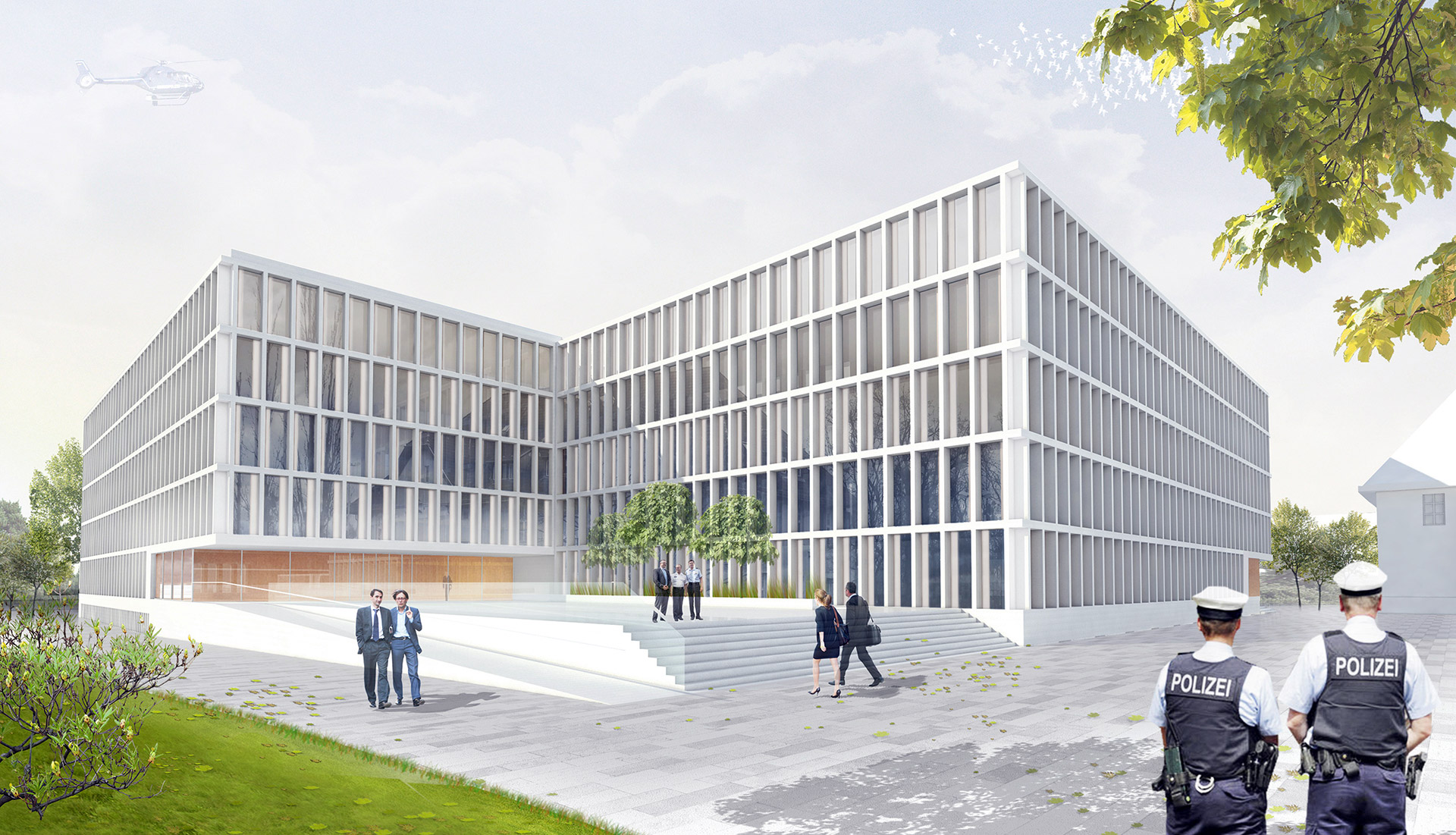 3D-Ansicht der von vertikalen und horizontalen Strukturen geprägten Außenfassade . Neubau Bundespolizeipräsidium, Potsdam