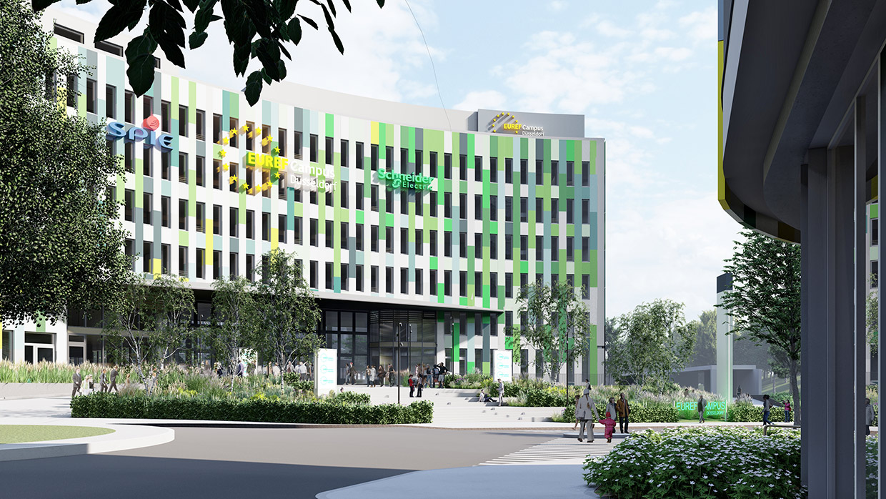 3D-Visualisierung Außenbereich mit Blick auf Eingangsbereich Hauptgebäude . Neubau EUREF-Campus, Düsseldorf