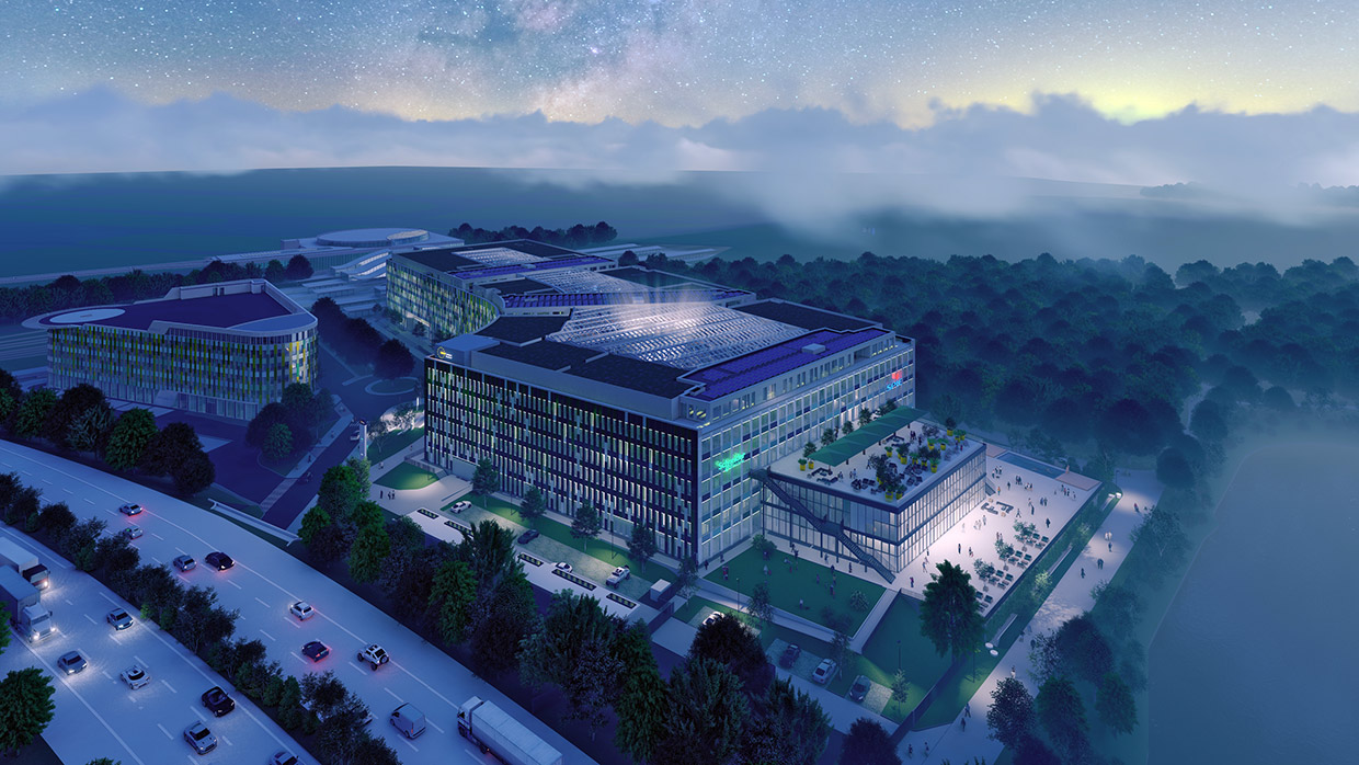 3D-Ansicht Gesamtgelände in der Nacht . Neubau EUREF-Campus, Düsseldorf 3D-Ansicht Gesamtgelände in der Nacht . Neubau EUREF-Campus, Düsseldorf