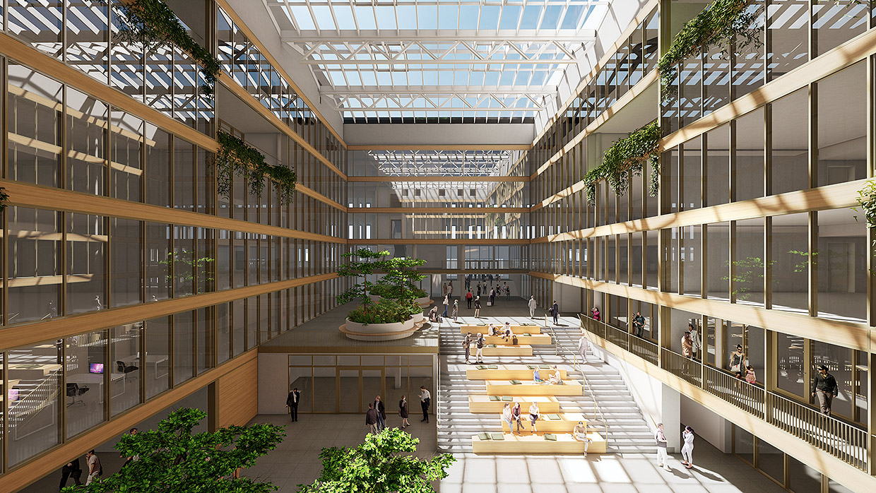 3D-Ansicht Innenbereich mit Aufenthaltsflächen und transluzenten Glasdach . Neubau EUREF-Campus, Düsseldorf