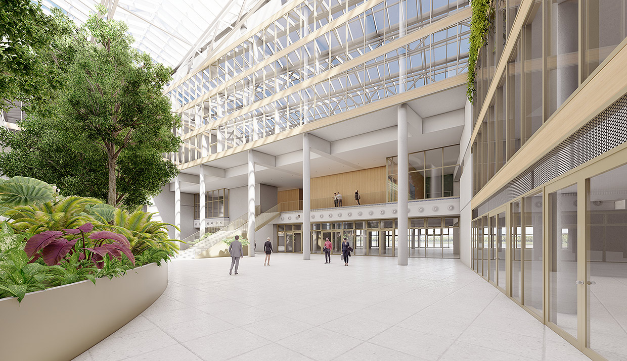 3D-Visualisierung Innenbereich mit Innenraumbegrünung . Neubau EUREF-Campus, Düsseldorf