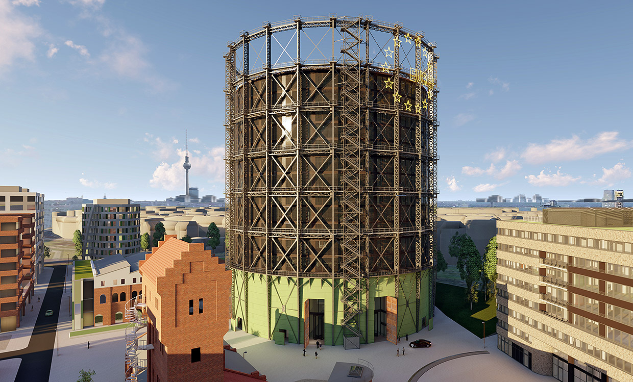 Gesamtansicht Gasometer (3D-Ansicht) . Neubau Verwaltungs- und Veranstaltungsgebäude EUREF-Campus Haus 17