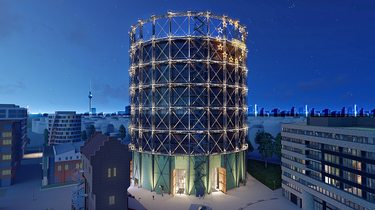 Gasometer bei nächtlicher Beleuchtung (3D-Ansicht) . Neubau Verwaltungs- und Veranstaltungsgebäude EUREF-Campus Haus 17