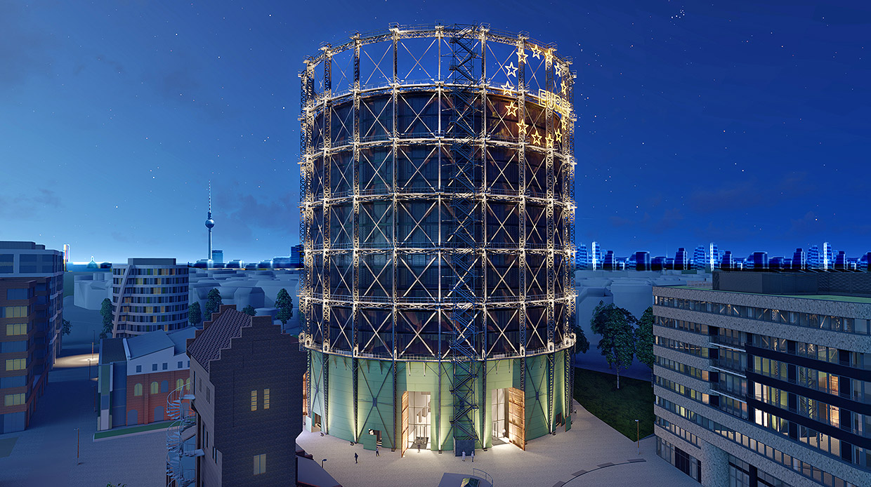 Gasometer bei nächtlicher Beleuchtung (3D-Ansicht) . Neubau Verwaltungs- und Veranstaltungsgebäude EUREF-Campus Haus 17 Gasometer bei nächtlicher Beleuchtung (3D-Ansicht) . Neubau Verwaltungs- und Veranstaltungsgebäude EUREF-Campus Haus 17