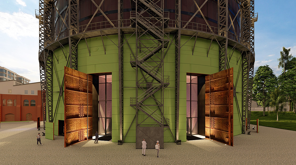 Gasometer, Eingänge (3D-Ansicht) . Neubau Verwaltungs- und Veranstaltungsgebäude EUREF-Campus Haus 17 Gasometer, Eingänge (3D-Ansicht) . Neubau Verwaltungs- und Veranstaltungsgebäude EUREF-Campus Haus 17