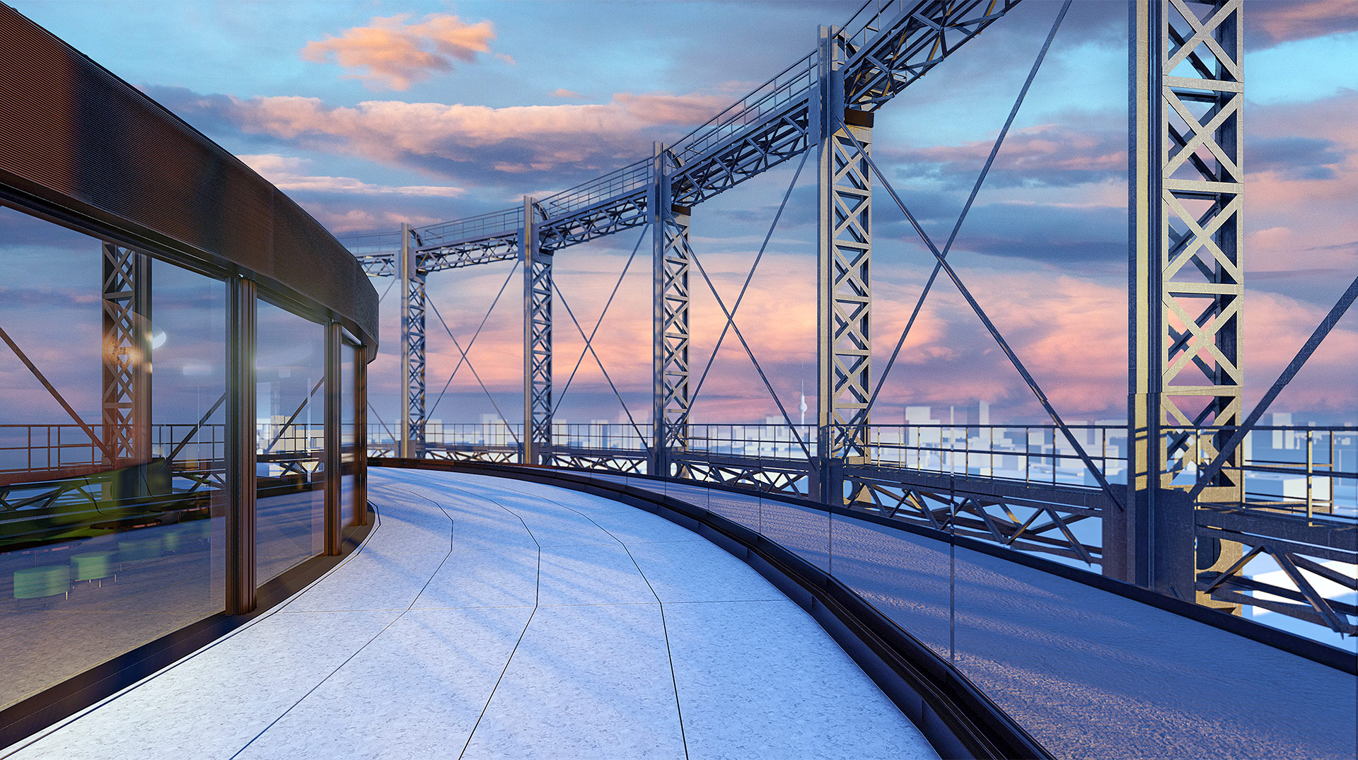 Gasometer, Skylounge mit Terrasse (3D-Ansicht) . Neubau Verwaltungs- und Veranstaltungsgebäude EUREF-Campus Haus 17