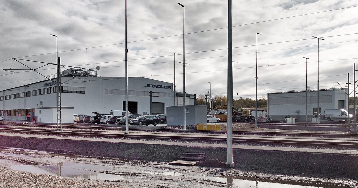 weitere Ansicht Werkhallen, Außenbereich Instandhaltungswerkstatt . Neubau Instandhaltungs-Werkstatt für Regionalbahnzüge, Herne weitere Ansicht Werkhallen, Außenbereich Instandhaltungswerkstatt . Neubau Instandhaltungs-Werkstatt für Regionalbahnzüge, Herne