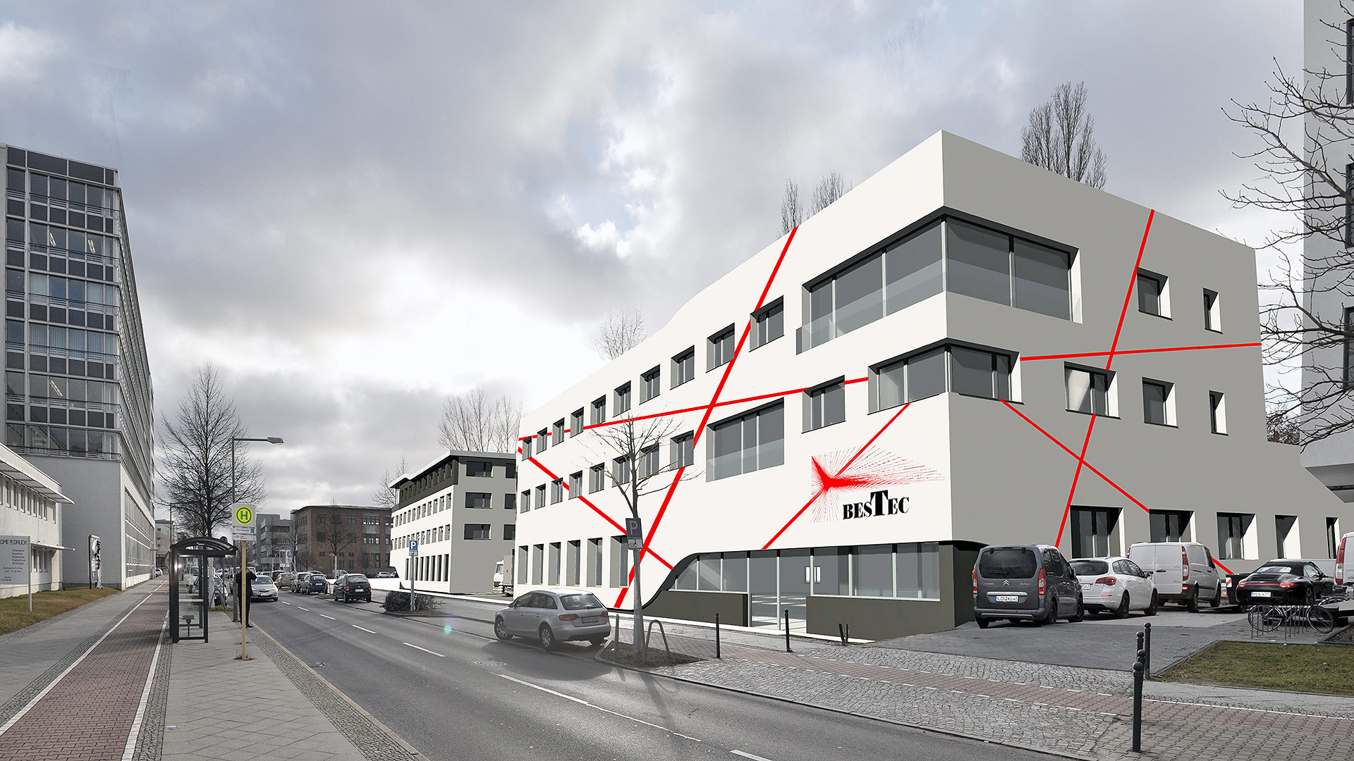 3D-Visualisierung des Gewerbeneubaus . Neubau Verwaltungs- und Produktionsgebäude BESTEC, Berlin